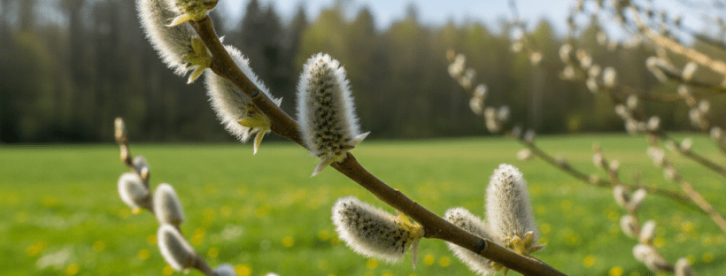 Close-up of soft pussy willow catkins on branches in a bright, sunny meadow.